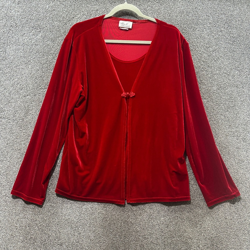 VTG Kathie Lee Collection Blosue Top Large Red Stretch Velvet Layered Look Vamp